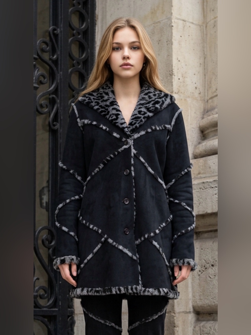 Simon Chang Black Coat with Gray Faux-Shearling Trim